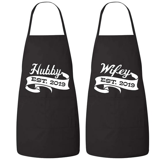 FASCIINO Set of Hubby and Wifey EST. 2019 His and Hers Couples Apron Valentines Wedding Bridal Gift 2pcs