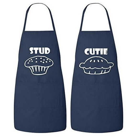 FASCIINO Set of Stud Muffin and Cutie Pie His and Hers Couples Apron Valentines Wedding Bridal Gift 2pcs (White Print)