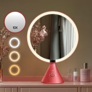 FUNTOUCH 10" Round Sensor Freestanding Makeup Mirror with 3 Lights, 1/10 Magnification, Adjustable Knob, Memory Function, Red