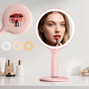 FUNTOUCH 1x/5x Magnification Travel Makeup Mirror with Lights, Vanity Mirror with 3 Color Light, Round, ABS,Pink