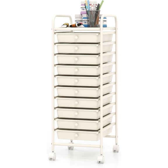 FASCK 10-Drawer Rolling Storage Cart, Utility Mobile Trolley with Removable Drawers & Universal Casters & 2 Brakes, Versatile Flexible Drawer Organizer Cart for Home, Office, White