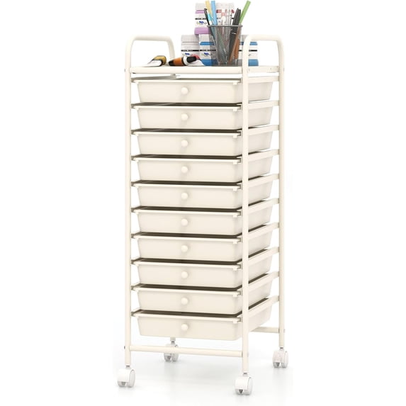 FASCK 10-Drawer Rolling Storage Cart, Utility Mobile Trolley with Removable Drawers & Universal Casters & 2 Brakes, Versatile Flexible Drawer Organizer Cart for Home, Office, White