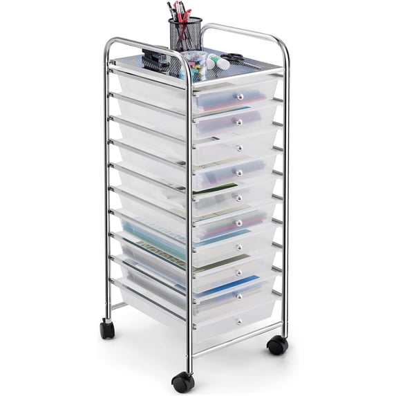 FASCK 10-Drawer Rolling Storage Cart, Utility Mobile Trolley with Removable Drawers & Universal Casters & 2 Brakes, Versatile Flexible Drawer Organizer Cart for Home, Office (Clear)