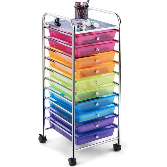 FASCK 10-Drawer Rolling Storage Cart, Utility Mobile Trolley with Removable Drawers & Universal Casters & 2 Brakes, Versatile Flexible Drawer Organizer Cart for Home, Office (Rainbow)