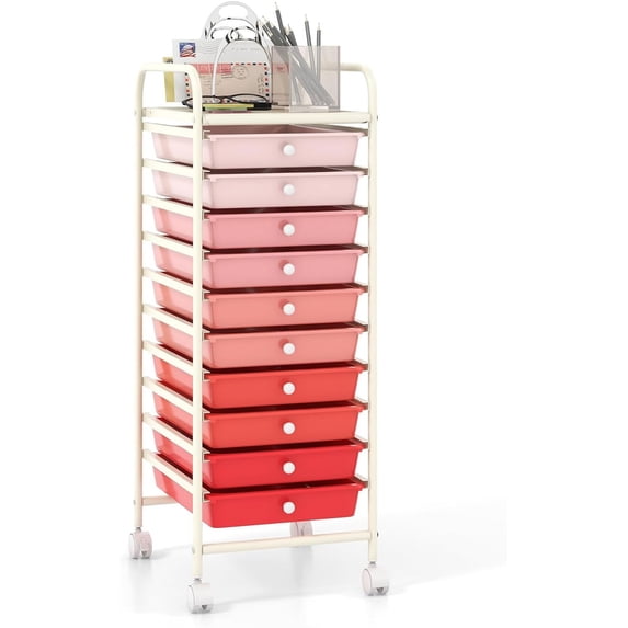 FASCK 10-Drawer Rolling Storage Cart, Utility Mobile Trolley with Removable Drawers & Universal Casters & 2 Brakes, Versatile Flexible Drawer Organizer Cart for Home, Office, Mixed Pink
