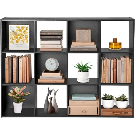 FASCK 12 Cube Storage Shelf Organizer Bookshelf with Open Back Closet Cabinet, DIY Plastic Modular Book Shelf for Organizing Closet Bins(Black,12 Cube)