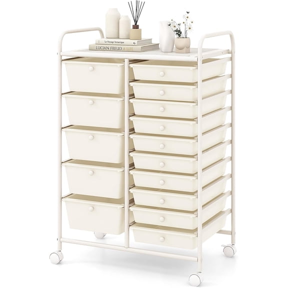 FASCK 15-Drawer Rolling Storage Cart, Mobile Utility Cart with Heavy-duty Frame & Lockable Wheels, Multipurpose Storage Organizer Cart for Tools, Paper, Drawer Cart for Home, Office, School, White