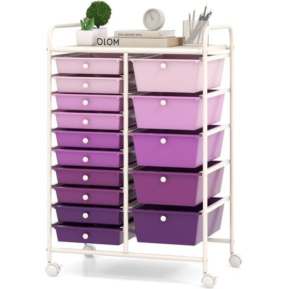 FASCK 15-Drawer Rolling Storage Cart, Mobile Utility Cart with Heavy-duty Frame & Lockable Wheels, Multipurpose Storage Organizer for Paper, Office, School, Purple Gradient
