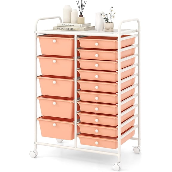 FASCK 15-Drawer Rolling Storage Cart, Mobile Utility Cart with Heavy-duty Frame & Lockable Wheels, Multipurpose Storage Organizer for Tools, Paper, Home, Office, School, Peach