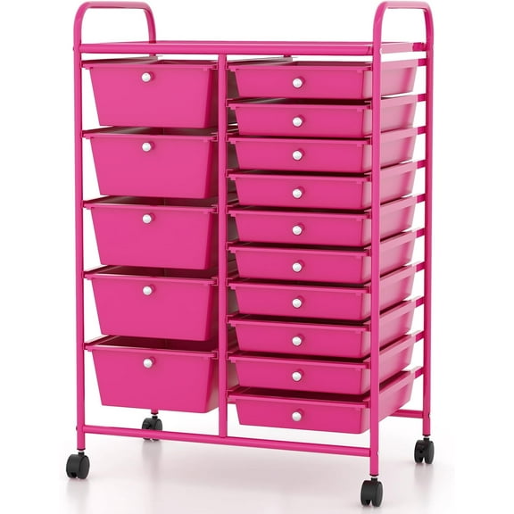 FASCK 15-Drawer Rolling Storage Cart, Mobile Utility Cart with Heavy-duty Frame & Lockable Wheels, Multipurpose Storage Organizer for Tools, Paper, Office, School, Hot Pink