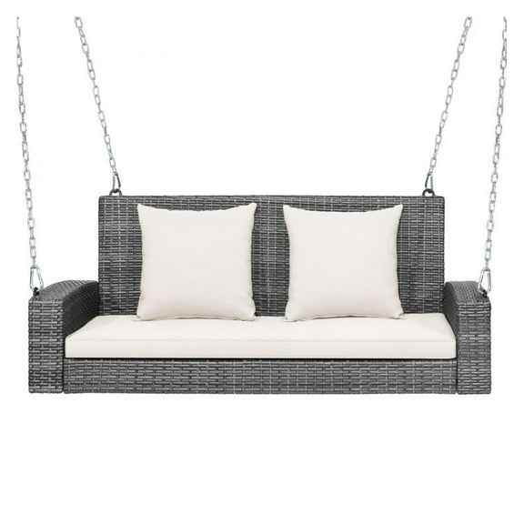 FASCK 2-Person Patio Swing, 800lbs Capacity PE Wicker Hanging Porch Swing Bench with Cushion for Outdoor Garden, Backyard