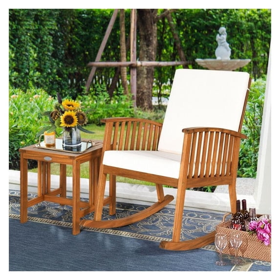 FASCK 2-Piece Acacia Wood Patio Rocking Chair Set with Table, Natural Wood Outdoor Furniture for Garden Porch Deck