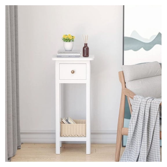 FASCK 2-Tier Slim Nightstand with Drawer & Shelf&nbsp;- Narrow Bedside Table for Small Bedrooms, Space-Saving Design, Multi-Functional & Sturdy, Easy Assembly
