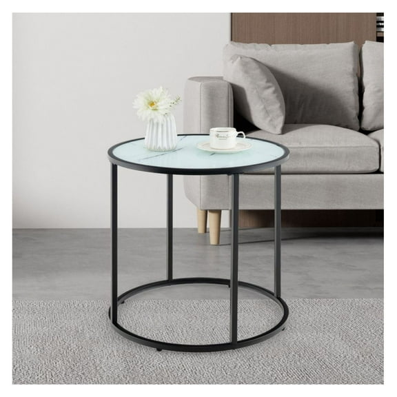 FASCK 20 Inch Glass End Table with Metal Frame&nbsp;- Modern Side Table with Tempered Glass & Faux Marble Top, for Living Room, Bedroom, Sturdy & Easy to Clean, Sleek Design