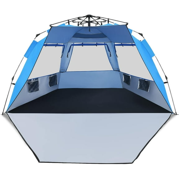FASCK 3-4 Person Easy Pop Up Beach Tent, UPF 50+ Portable Sun Shelter w/ 3 Ventilation Windows, Zippered Front Porch, 4 Storage Pockets & Carrying Bag, Instant Beach Sun Shade with 8.5mm Rod