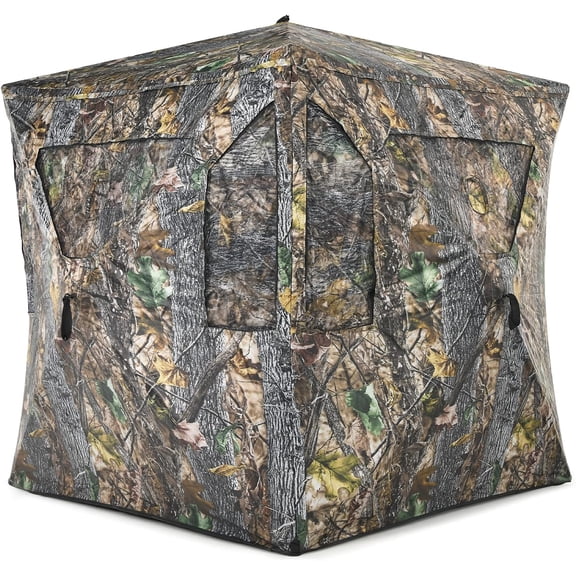 FASCK 3 Person Pop up Ground Blind, Portable Hunting Blind with Mesh Windows, Carrying Bag & Ground Stakes, Camouflage Hunting Tent with Hub System, Camo Deer Blinds for Hunting