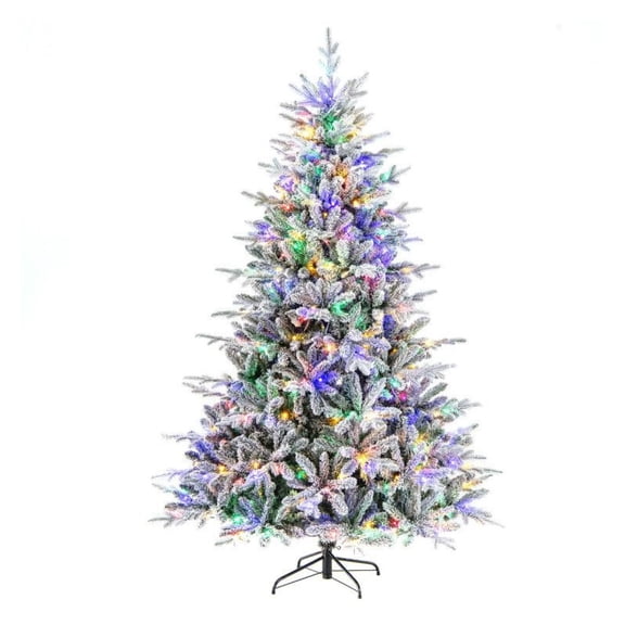 FASCK 4.5/6/7ft Snow Flocked Christmas Tree with 8 Lighting Modes & Multi-Color LEDs, Artificial Xmas Tree with Color Options for Home Decor