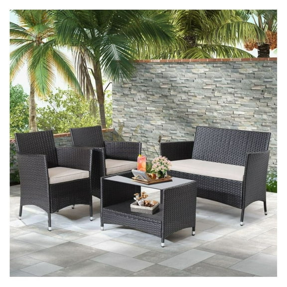 FASCK 4-Piece Patio Conversation Set with Soft Cushions & Tempered Glass Tabletop, Weather-Resistant Outdoor Furniture for Garden