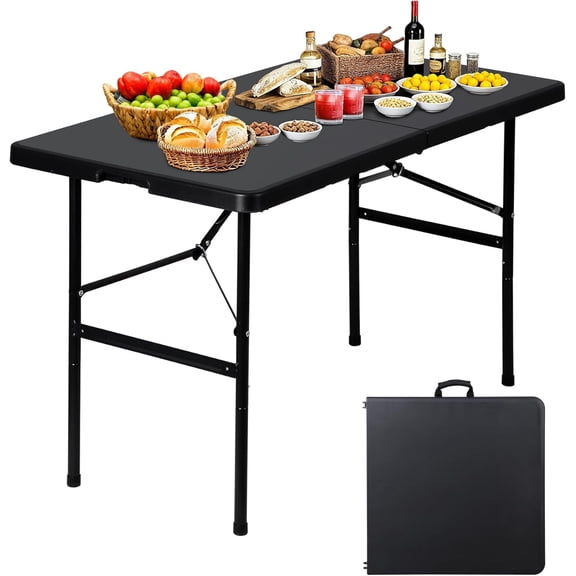 FASCK 4ft Heavy Duty Folding Table - Plastic Top & Steel Legs, Indoor Outdoor Utility Table w/Carry Handle for Camping, Parties, BBQs (Black,4ft)
