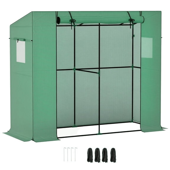 FASCK 6.6' x 2.5' x 5.6' Lean-to Small Greenhouse for Outdoors, Portable Greenhouse with UV-Resistant PE Cover, Walk-in Green House with Roll-up Door and Mesh Windows,Green
