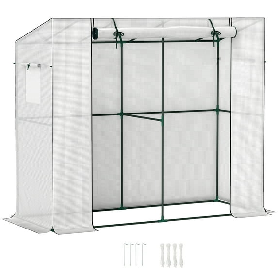 FASCK 6.6' x 2.5' x 5.6' Lean-to Small Greenhouse for Outdoors, Portable Greenhouse with UV-Resistant PE Cover, Walk-in Green House with Roll-up Door and Mesh Windows,White