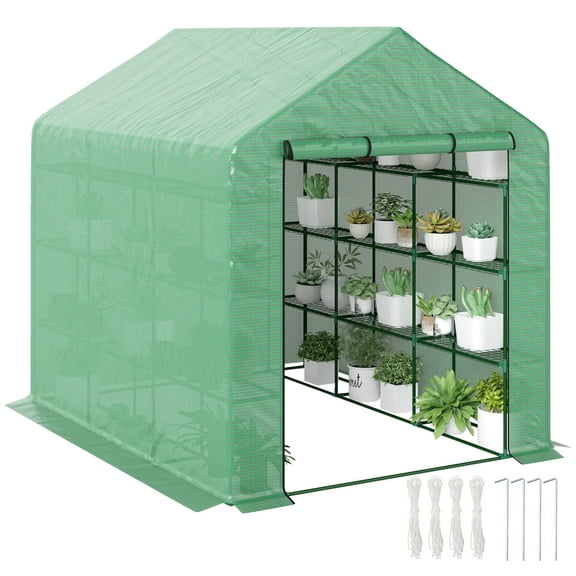 FASCK 8' x 6' x 7' Walk-in Greenhouse, PE Cover, 4-Tier Shelves, Steel Frame Hot House, Roll-Up Zipper Door for Flowers, Vegetables, Saplings, Tropical Plants, Green