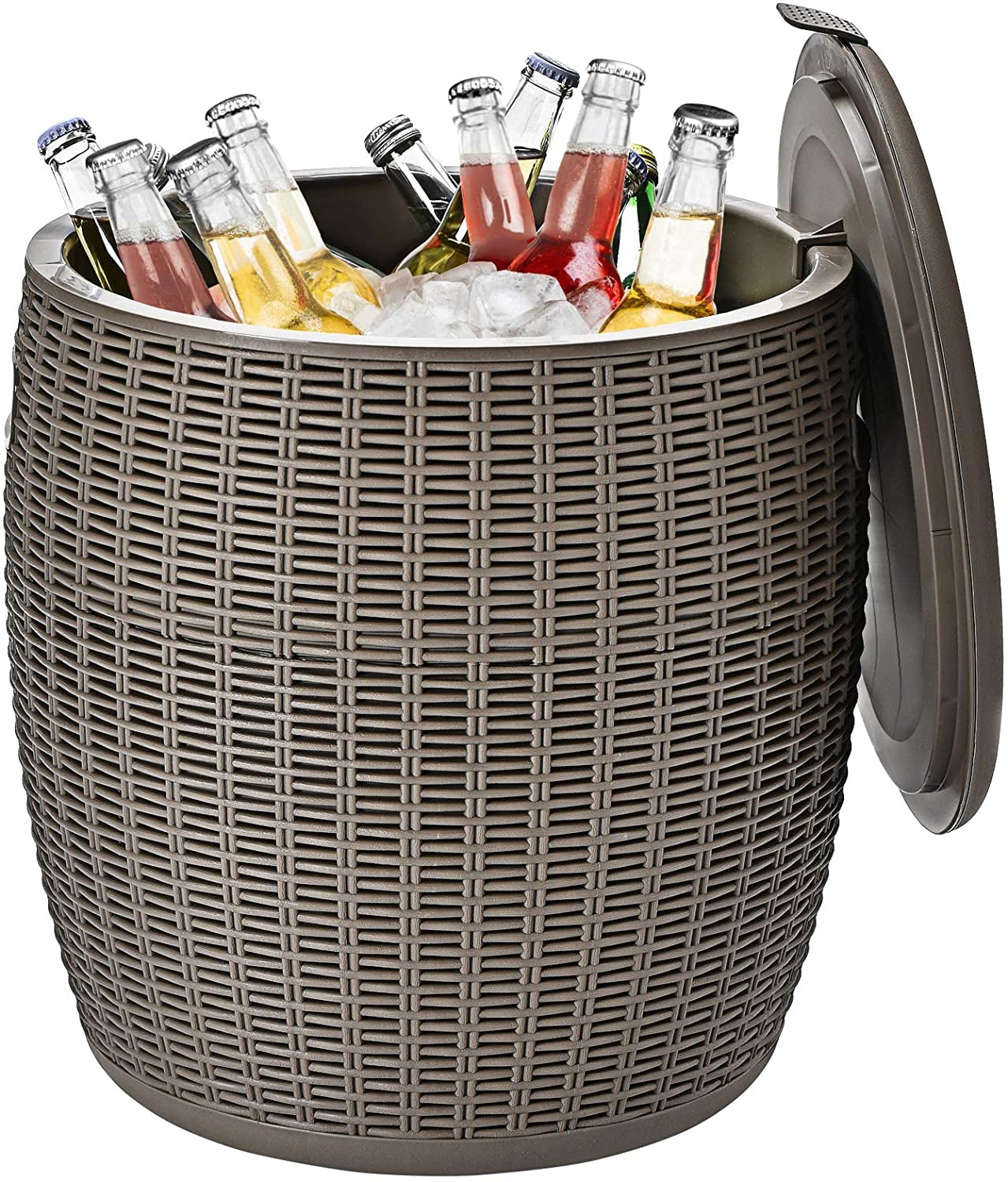 FASCK 9.5 Gallon Ice Cooler, Wicker Round Ice Chest, Outdoor Beer Wine Ice Bucket, Top Lid Side Handles Drainage Plug, Weather-resistant Patio Cool Bar Table for Cocktail Party Poolside Deck