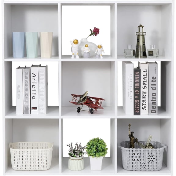 FASCK 9 Cube Storage Shelf Organizer, Wooden Bookshelf System Display Cube Shelves Compartments, W/ 5 Removable Back Panels (White,9 Cube)