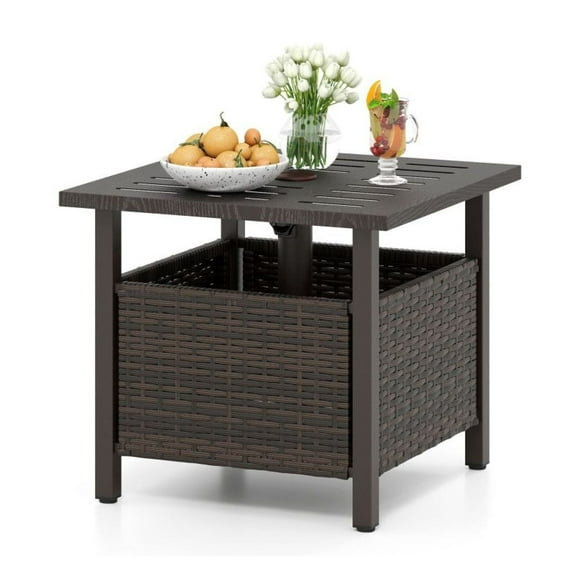 FASCK All-Weather PE Wicker Outdoor Patio Side Table with Umbrella Hole, Waterproof & Lightweight, for Poolside Garden Balcony Deck