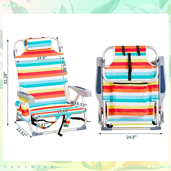 FASCK Backpack Beach Chair, 5 Level Adjustable Positions Beach Chair with Back Storage Bag, Cooler Pouch and Side Bags for Beach Poolside Lawn,Rainbow Stripes