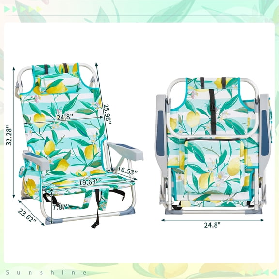 FASCK Backpack Beach Chair, 5 Level Adjustable Positions Beach Chair with Back Storage Bag, Cooler Pouch and Side Bags for Beach Poolside Lawn,Lemon