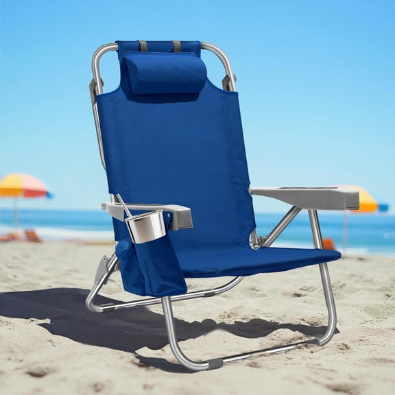FASCK Backpack Beach Chair for Adults Portable, Lay Flat Reclining Beach Chair with 5 Positions, Tall Heavy Duty Folding Chairs with Cup Holder, Cooler Pouch, Storage Pouch, Towel Bar, Navy
