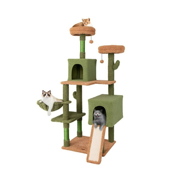 FASCK Cactus Cat Tree with Scratching Posts, Multi-Level Cat Tower with Ladder, Double Condos & Toys Bed for Indoor Cats, Fun Cactus Design