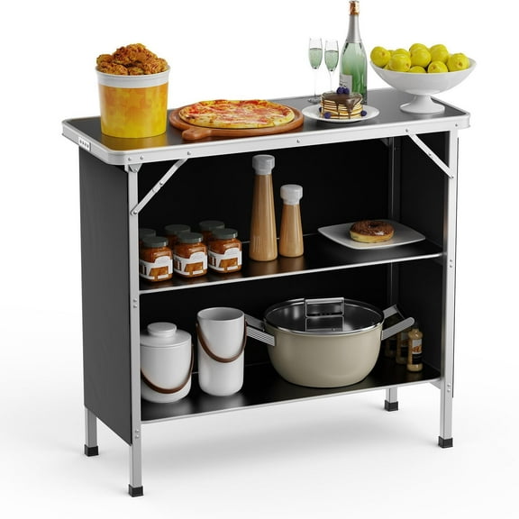 FASCK Camping Table, Aluminum Portable Bar Table 39''L x 34''H, 2-Tier Storage Shelves, Removable Oxford Cloth, Carrying Bag, Lightweight Folding Table for Events, Outdoor, Party, Picnic