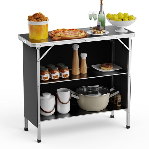 FASCK Camping Table, Aluminum Portable Bar Table 39''L x 34''H, 2-Tier Storage Shelves, Removable Oxford Cloth, Carrying Bag, Lightweight Folding Table for Events, Outdoor, Party, Picnic
