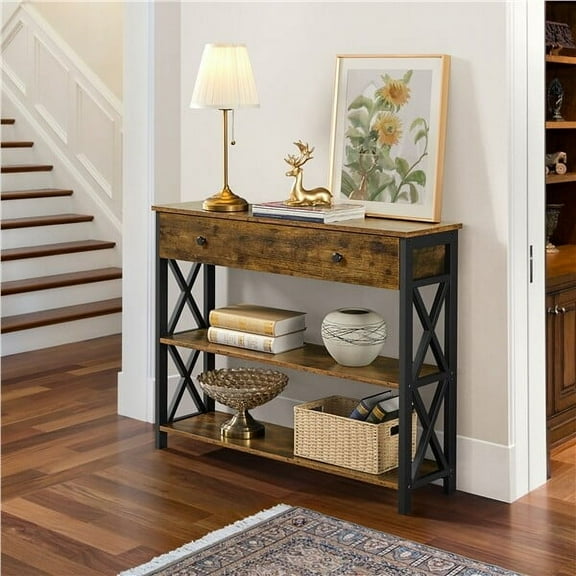 FASCK Console Table with Drawer, Entryway Table with 3 Tier Storage Shelves, Narrow Long Sofa Tables for Entryway, Living Room, Hallway, Couch, Kitchen, Metal Frame, Rustic Brown