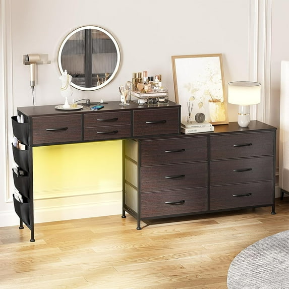 FASCK Dresser for Bedroom with Charging Station and LED Light, 67" Rotatable Vanity Desk with Side Pockets, Makeup Table with 10 Fabric Drawers, Modern Home Office Desks,Brown