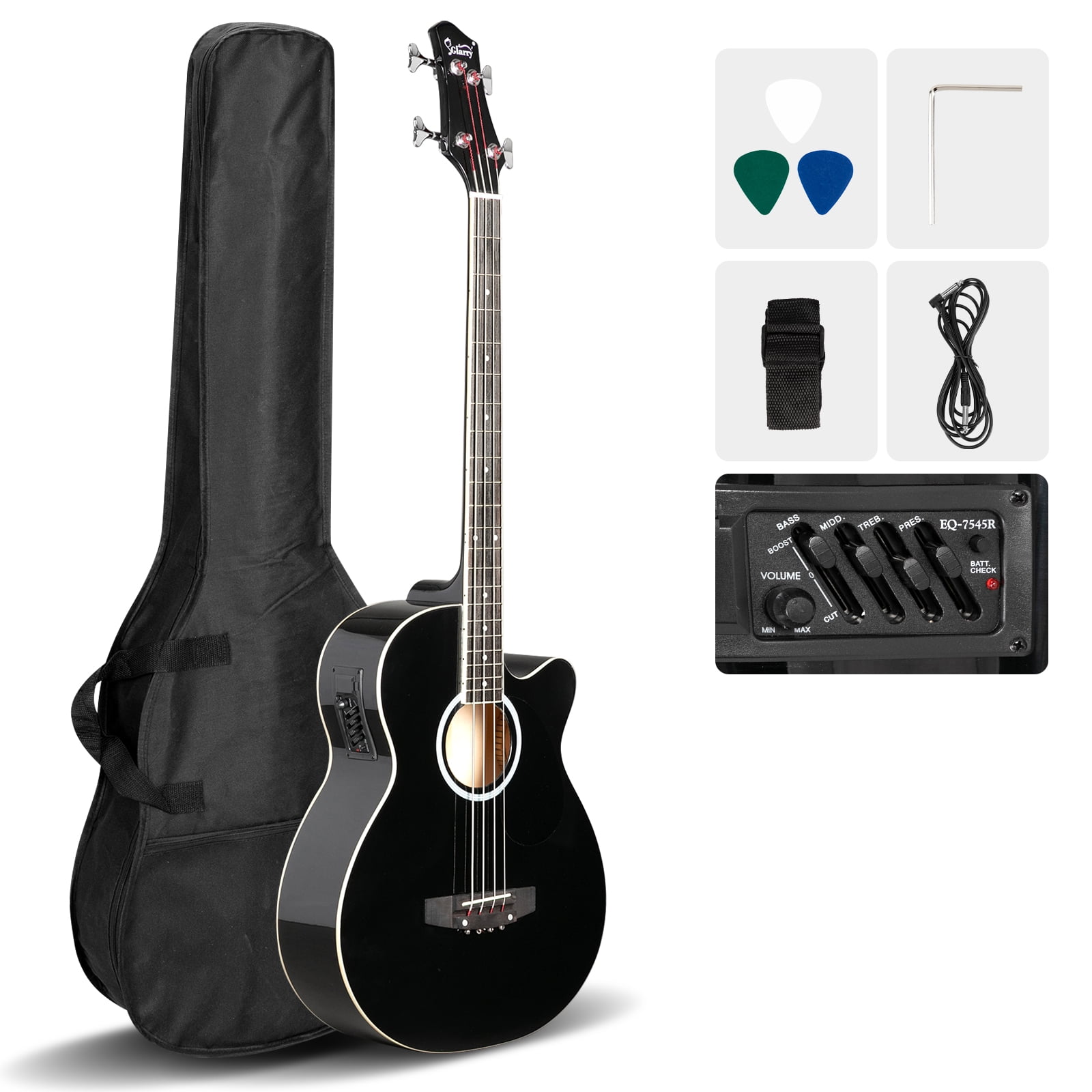 FASCK Electric Bass Guitar Beginner Kit, Cutaway 4 Strings Electric Acoustic Bass Guitar with Bag, Basswood Bass Guitarra,Black