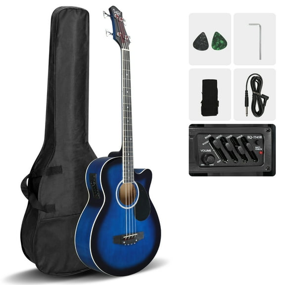 FASCK Electric Bass Guitar Beginner Kit, Cutaway 4 Strings Electric Acoustic Bass Guitar with Bag, Basswood Bass Guitarra,Blue