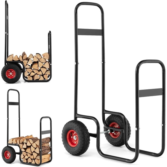 FASCK Firewood Cart with Wheels, Outdoor Indoor Rolling Fire Wood Log Cart with Pneumatic Rubber Tiers, 220 LBS Load Capacity Heavy Duty Steel Wood Storage Hauler, Log Holder Rack for Fireplace