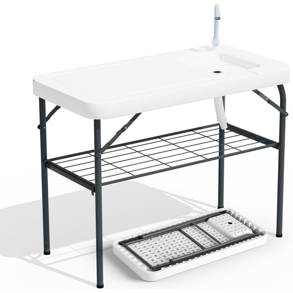 FASCK Fish Cleaning Table with Sink – Heavy-Duty HDPE, Waterproof & UV-Resistant, Portable Outdoor Sink with Hose Hook Up for Camping, Picnic, Backyard with Grid Rack