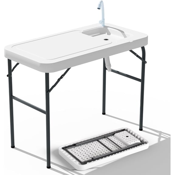 FASCK Fish Cleaning Table with Sink – Heavy-Duty HDPE, Waterproof & UV-Resistant, Portable Outdoor Sink with Hose Hook Up for Camping, Picnic, Backyard Without Grid Rack