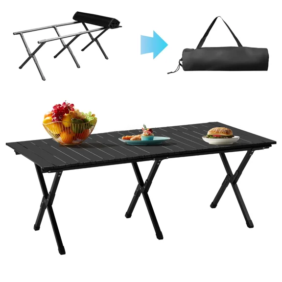FASCK Folding Camping Table, Lightweight Roll Up Table Aluminum Low Portable Picnic Table with Easy Carrying Bag for Outdoor, Beach, Picnic, Backyards, BBQ and Party,46in black.