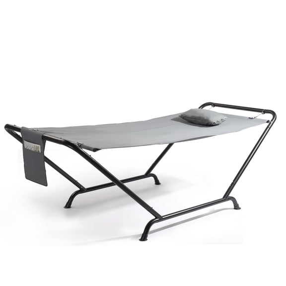 FASCK Freestanding Hammock with Stand, 600LBS Heavy Duty Outdoor Hammock, Cofy Outdoor Hammock with Stand, Hammock Bed for Yard, Deck, Patio, Hammock with Soft Pillow & Storage Bag (Grey)