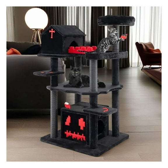 FASCK Gothic Cat Tree, 49 Inch Tall 6-Tier Cat Activity Center with Coffin Bed & Scratching Posts, Unique Cat Tower for Goth & Halloween Lovers
