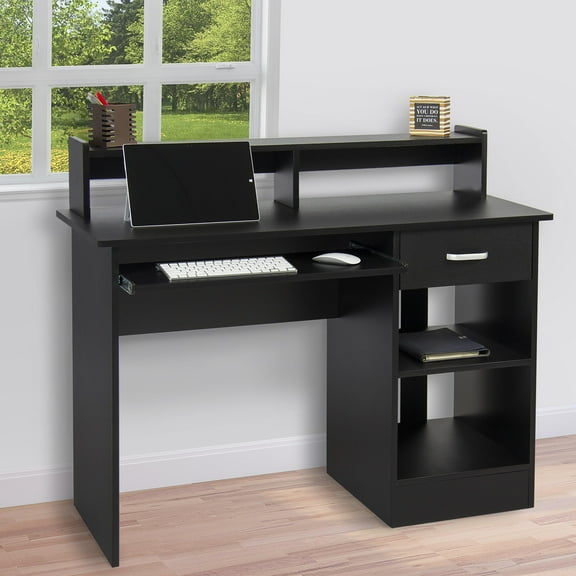 FASCK  Home Office Wood Computer Desk with Drawers and Pull-Out Keyboard Tray, Study Writing Desk PC Laptop Table with Hutch and Storage Shelves, Modern Workstation,black