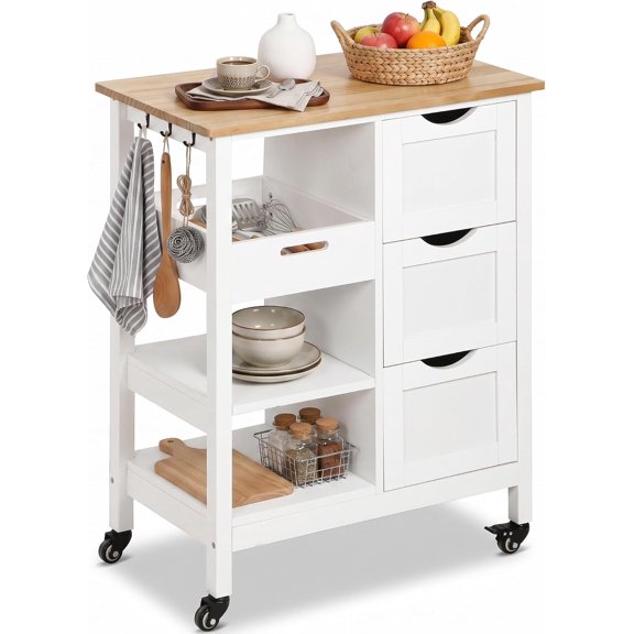 FASCK Kitchen Island Cart with Solid Wood Top, 3 Tier Rolling Kitchen Table on Wheels with 3 Drawers and Side Hooks for Dining Room, RV, Travel Trailer, Baking, Coffee Bar, White