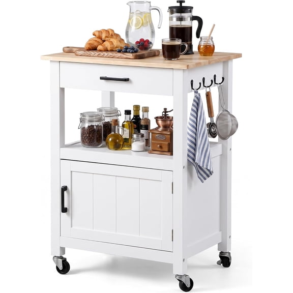 FASCK Kitchen Island Cart with Solid Wood Top, Rolling Kitchen Table on Wheels with Storage Cabinet, Drawer, 3 Side Hooks for Dining Room, RV, Travel Trailer, Baking, Coffee Bar, White