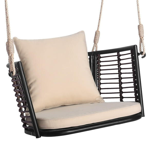 FASCK Porch Swing Patio Hanging Rattan Basket Chair, Swing Hammock Chair with Seat Cushion & Back Cushion, PE Rattan, Sturdy Metal Frame, Wicker Hanging Rope Swing Chair