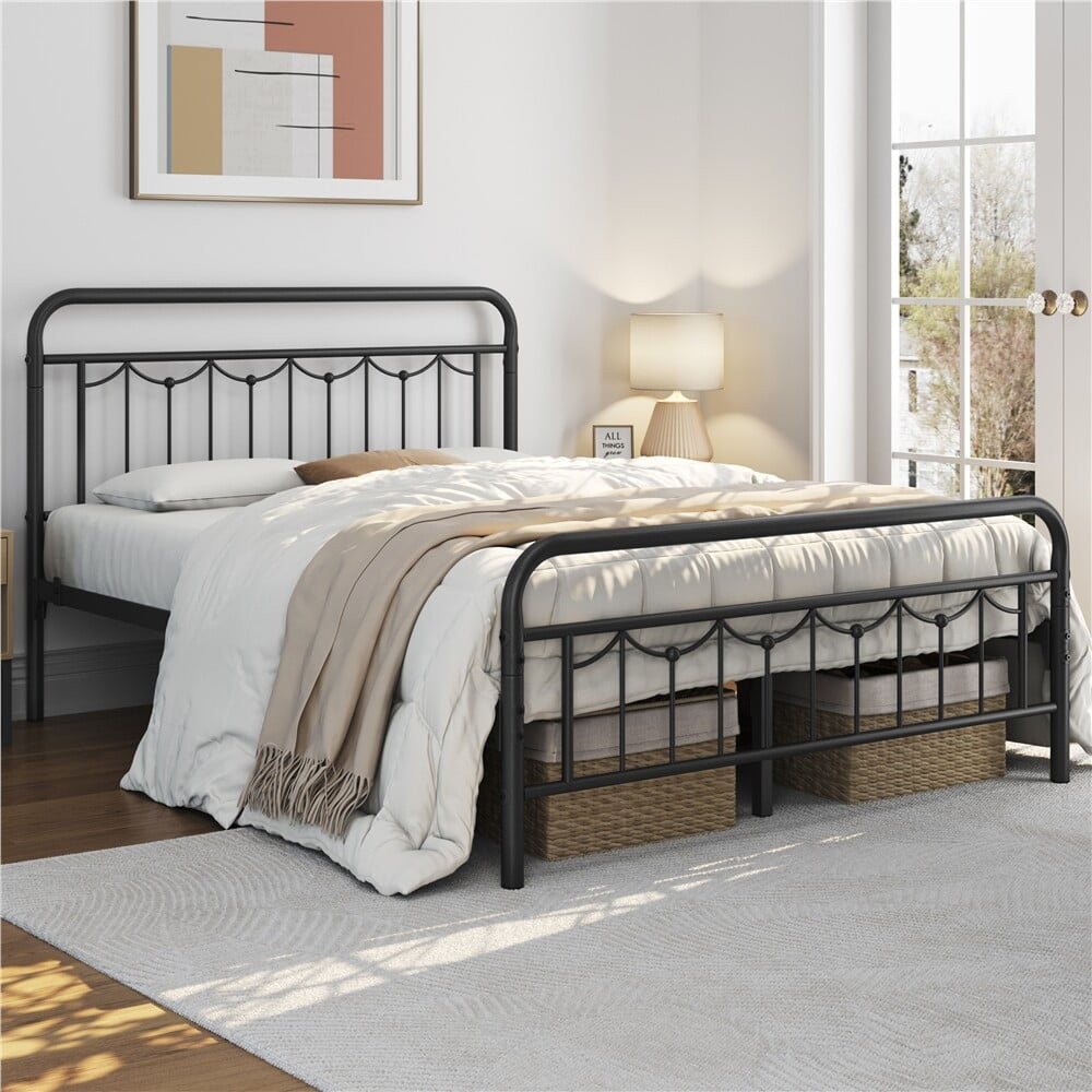 FASCK  Queen Size Metal Bed Frames with Vintage Headboard and Footboard, Farmhouse Metal Platform Bed, Heavy Duty Steel Slat Support, Ample Under-Bed Storage, No Box Spring Needed, Black